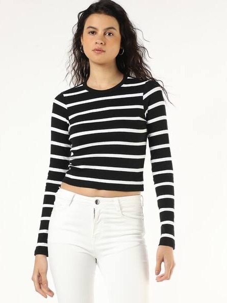 Black & White Striped Long Sleeve Top Size S | Fitted Ribbed Knit